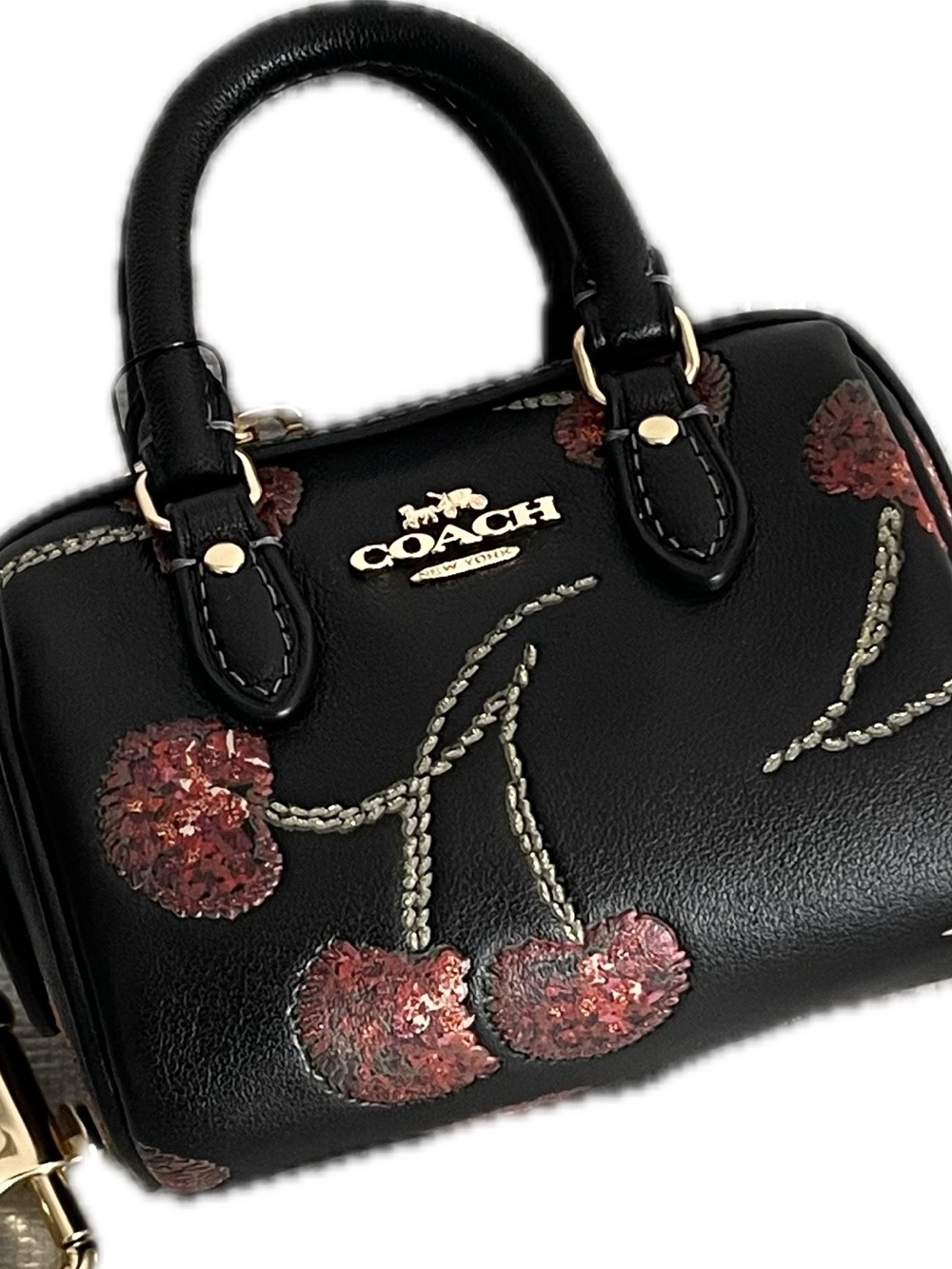 Coach Mini Rowan Leather Bag Charm w/ Glitter Cherry Print - Picture 2 of 9